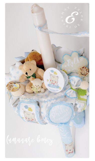 Lumanare botez pentru baieti cu ursuleti si norisori, 65x4 cm, Nori pufosi 2